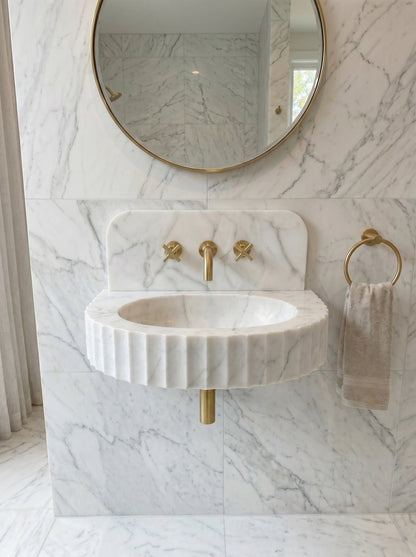 Carrara White Marble Wall-Mount Bathroom Sink with Fluted Front Design 16W x 24L x 6H