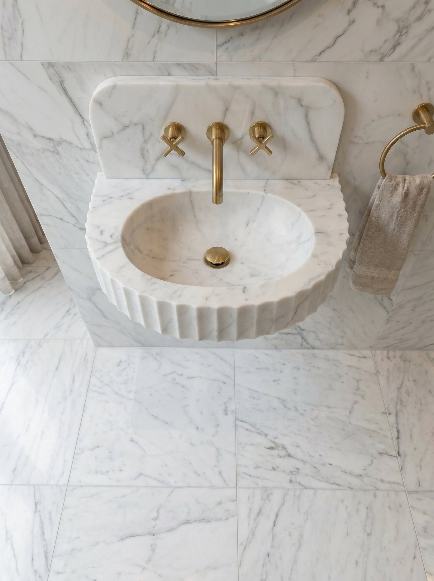 Carrara White Marble Wall-Mount Bathroom Sink with Fluted Front Design 16W x 24L x 6H