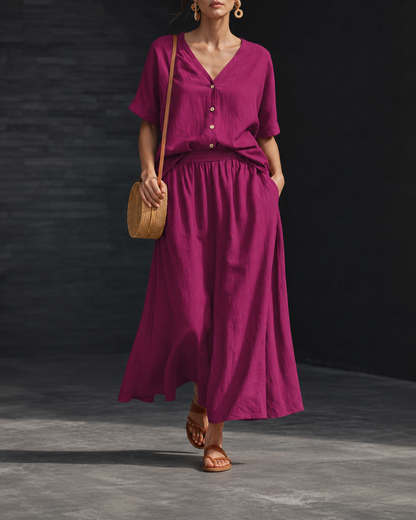 Women's V-Neck Button-Up Top & Long Skirt Set