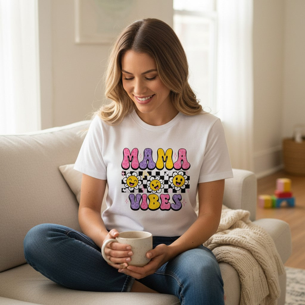Trendy Checkerboard Mama Vibes Shirt 100% Cotton Short Sleeve Casual Aesthetic Apparel