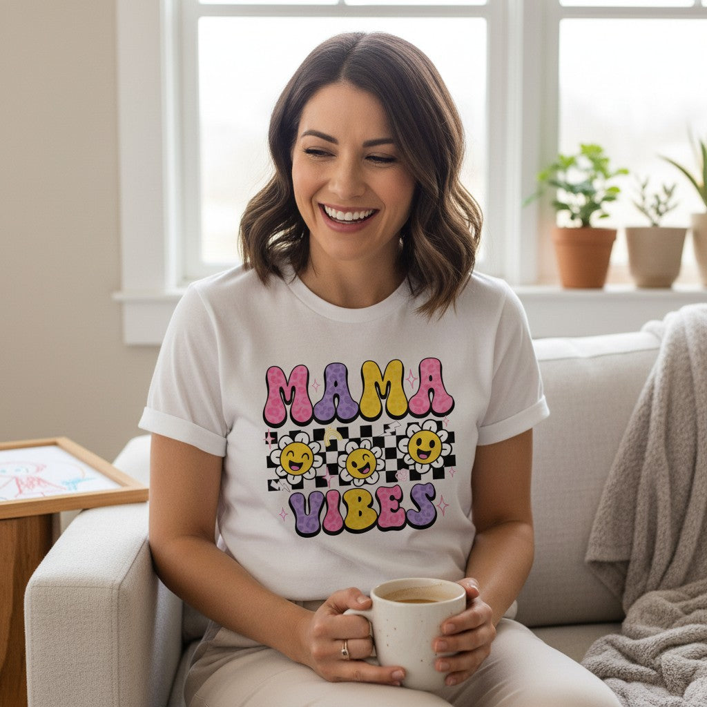 Trendy Checkerboard Mama Vibes Shirt 100% Cotton Short Sleeve Casual Aesthetic Apparel