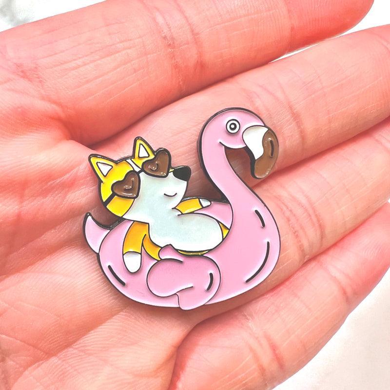 Corgi Flamingo Floatie Pin – Summer Enamel Gift for Dog Lovers
