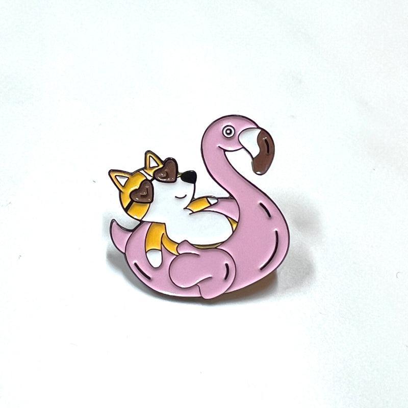 Corgi Flamingo Floatie Pin – Summer Enamel Gift for Dog Lovers