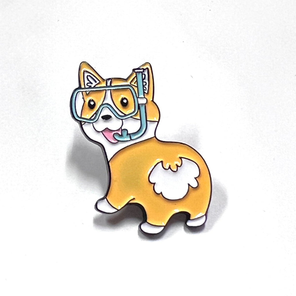 Fun Corgi Enamel Pin with Diving Goggles – Perfect for Bags & Hats