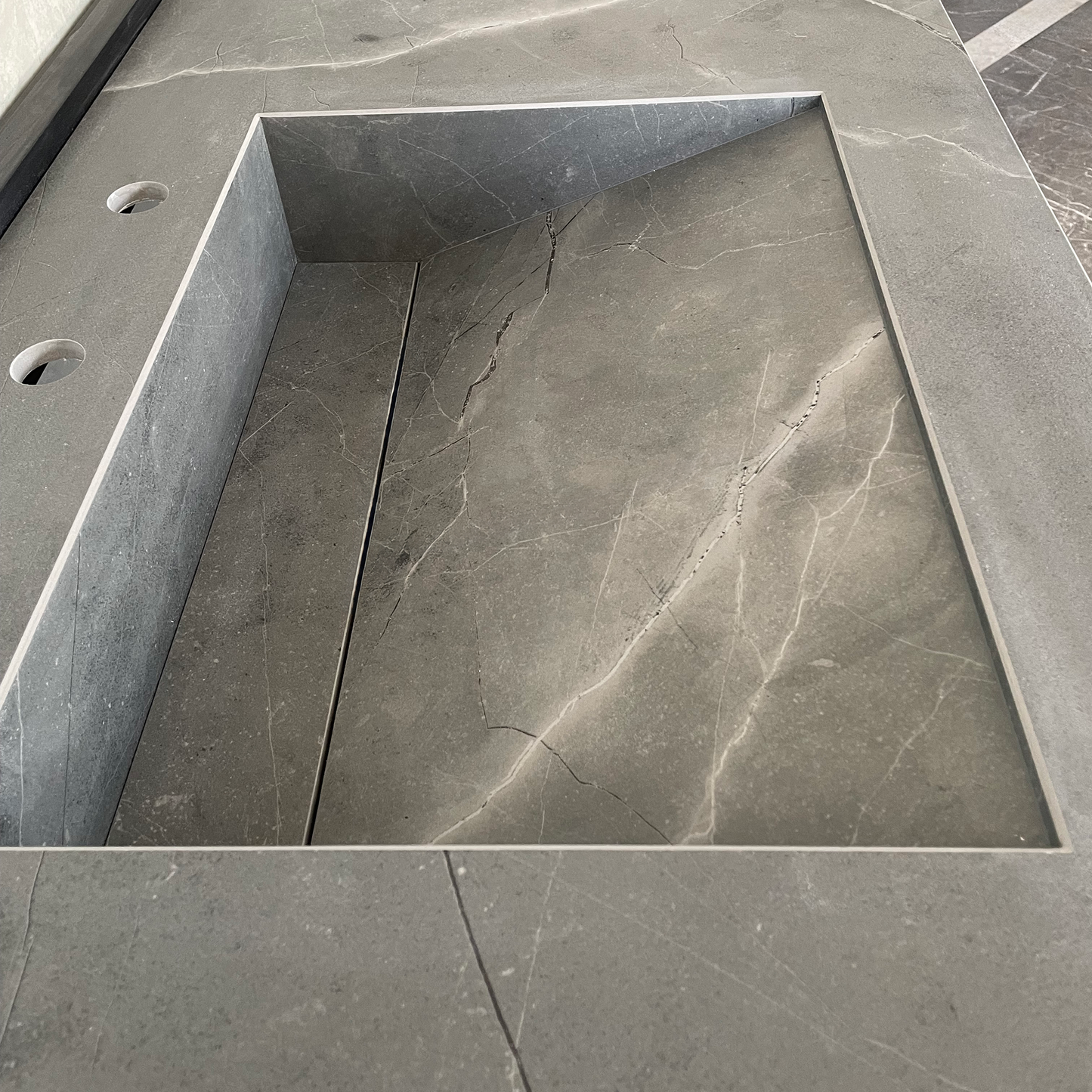Armani Grey Engineered Porcelain Double Sink Handcrafted with Modern Marble Aesthetics
