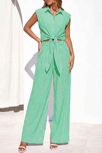Women's Striped Button-Front Sleeveless Shirt & Wide-Leg Pants Set