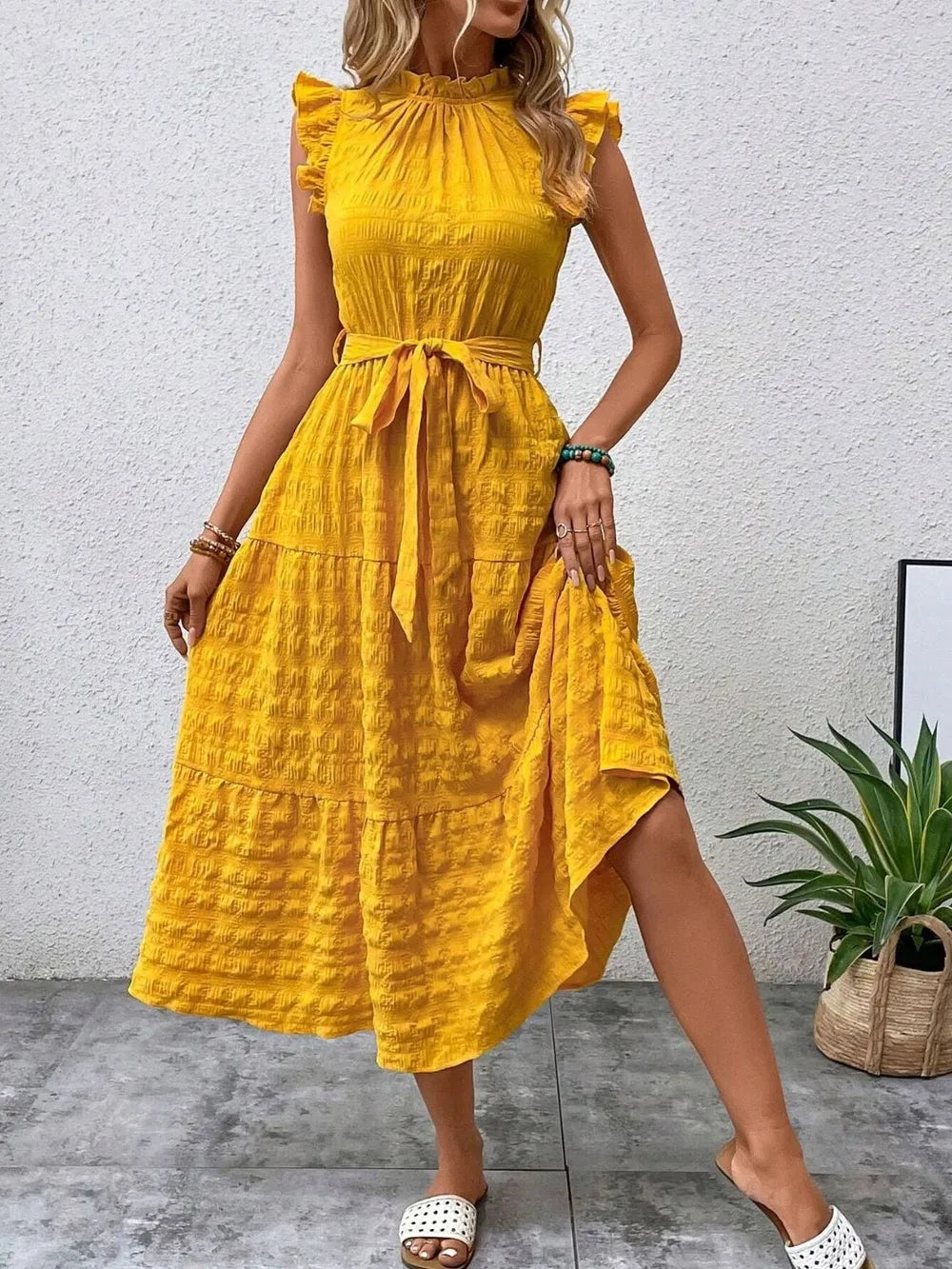 Tied Ruffled Cap Sleeve Midi Dress – Feminine Flowy Style