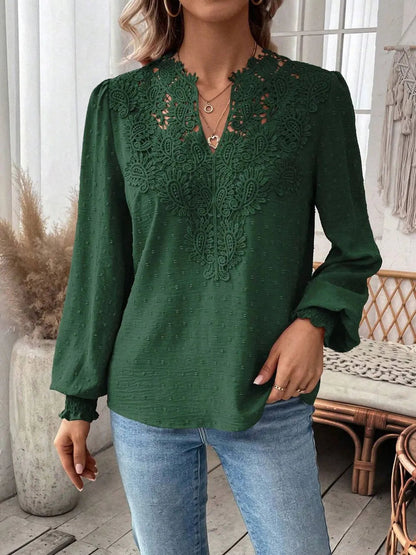 Swiss Dot Lace Detail Notched Long Sleeve Blouse – Feminine Style