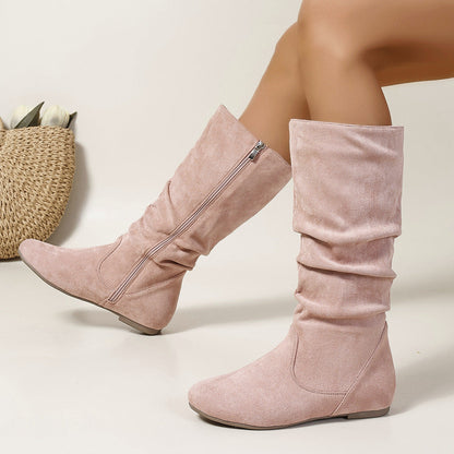 Women's Mid-Calf Leather Boots – Flat Heel Side Zip