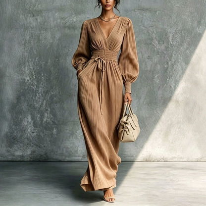 Women's Deep V-Neck Pleated Bishop Sleeve Smocked Waist Maxi Dress