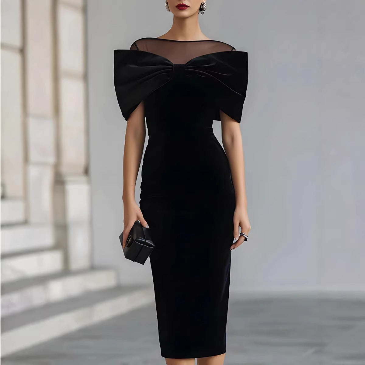 One-Shoulder Velvet Gold Thread Dress – Elegant Midi Dress in Black & Red