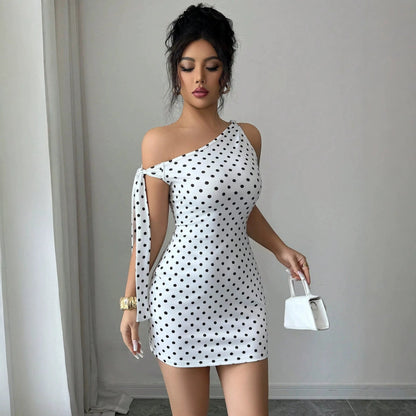 Polka Dot Off-Shoulder Strap Mini Dress – Slim Fit High Waist Bodycon