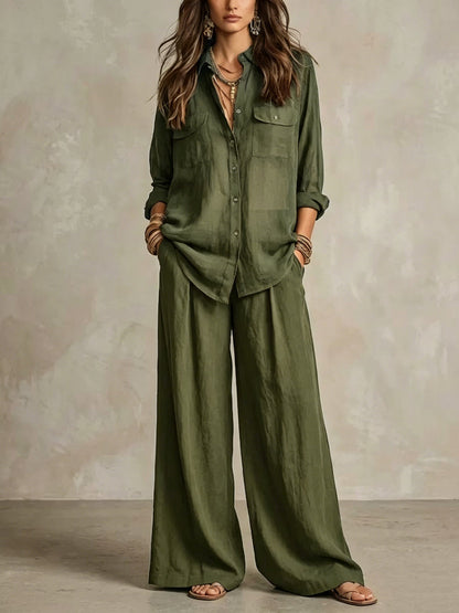 Women's Linen Two-Piece Set – Long Sleeve Shirt & Wide-Leg Pants