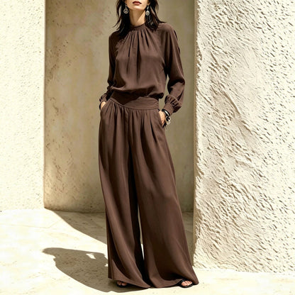 Women's Stand-Up Collar Puff Sleeve Blouse & Wide-Leg Pants Set