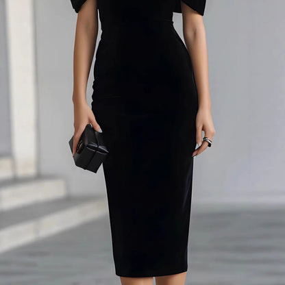 One-Shoulder Velvet Gold Thread Dress – Elegant Midi Dress in Black & Red