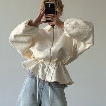 Long Sleeve Zip-Up Cropped Jacket with Turn-Down Collar