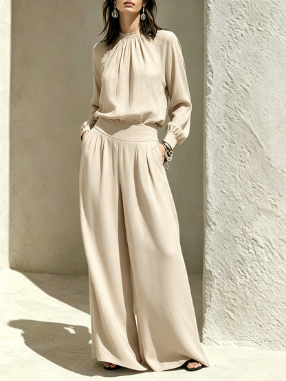 Women's Stand-Up Collar Puff Sleeve Blouse & Wide-Leg Pants Set