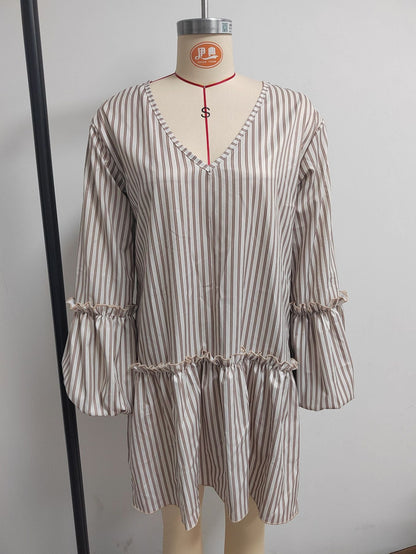 Women's Stripe Print V-Neck Lantern Sleeve Mini Dress