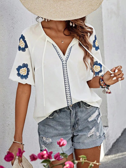V-Neck Solid Color Loose Long Sleeve Top – Embroidered Tie Detail