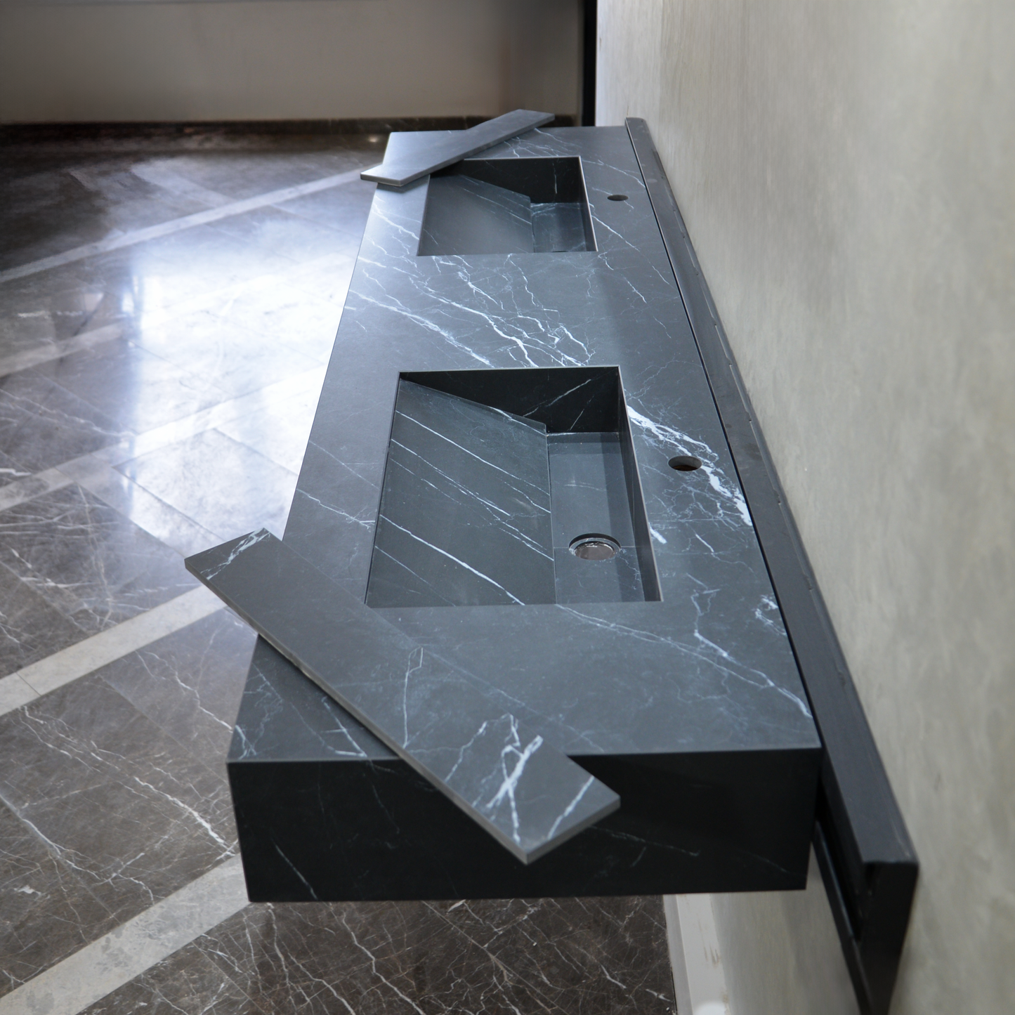 Engineered Marble Nero Marquina Double Sink Italian Handmade