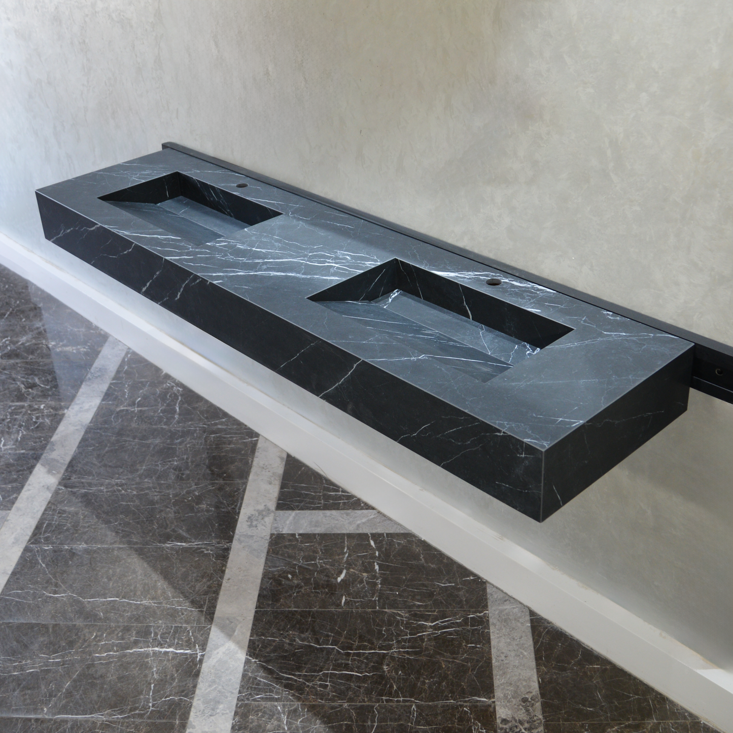 Engineered Marble Nero Marquina Double Sink Italian Handmade