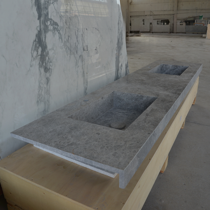Handcrafted Tundra Grey Marble Double Sink Custom Luxury Spa Master Bathroom Vanity