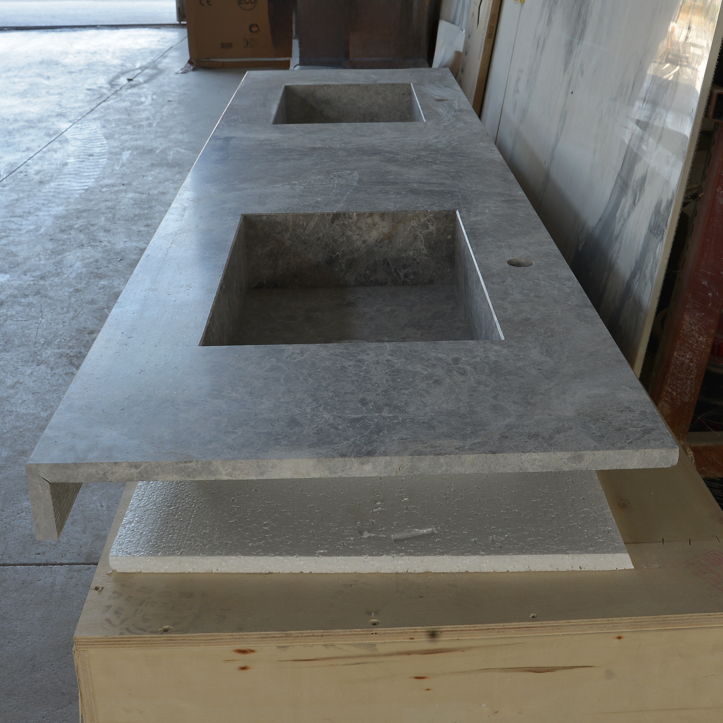 Handcrafted Tundra Grey Marble Double Sink Custom Luxury Spa Master Bathroom Vanity