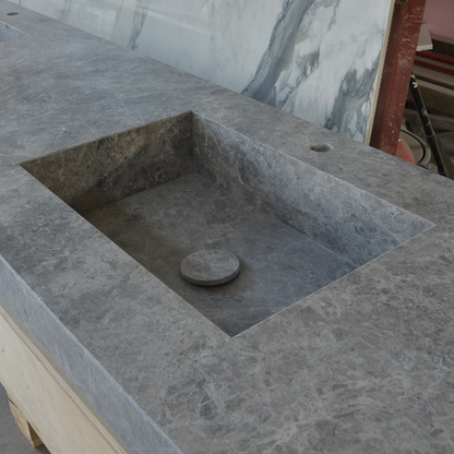 Handcrafted Tundra Grey Marble Double Sink Custom Luxury Spa Master Bathroom Vanity