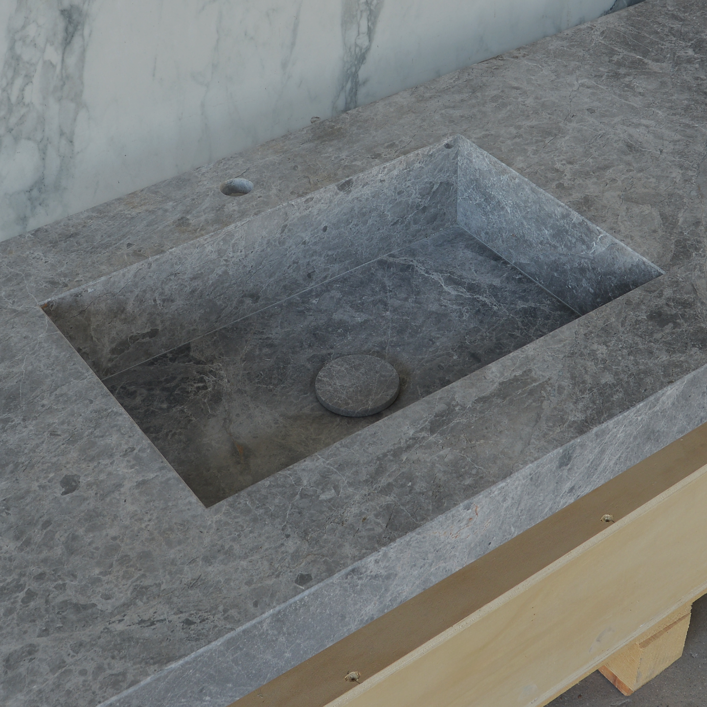 Handcrafted Tundra Grey Marble Double Sink Custom Luxury Spa Master Bathroom Vanity