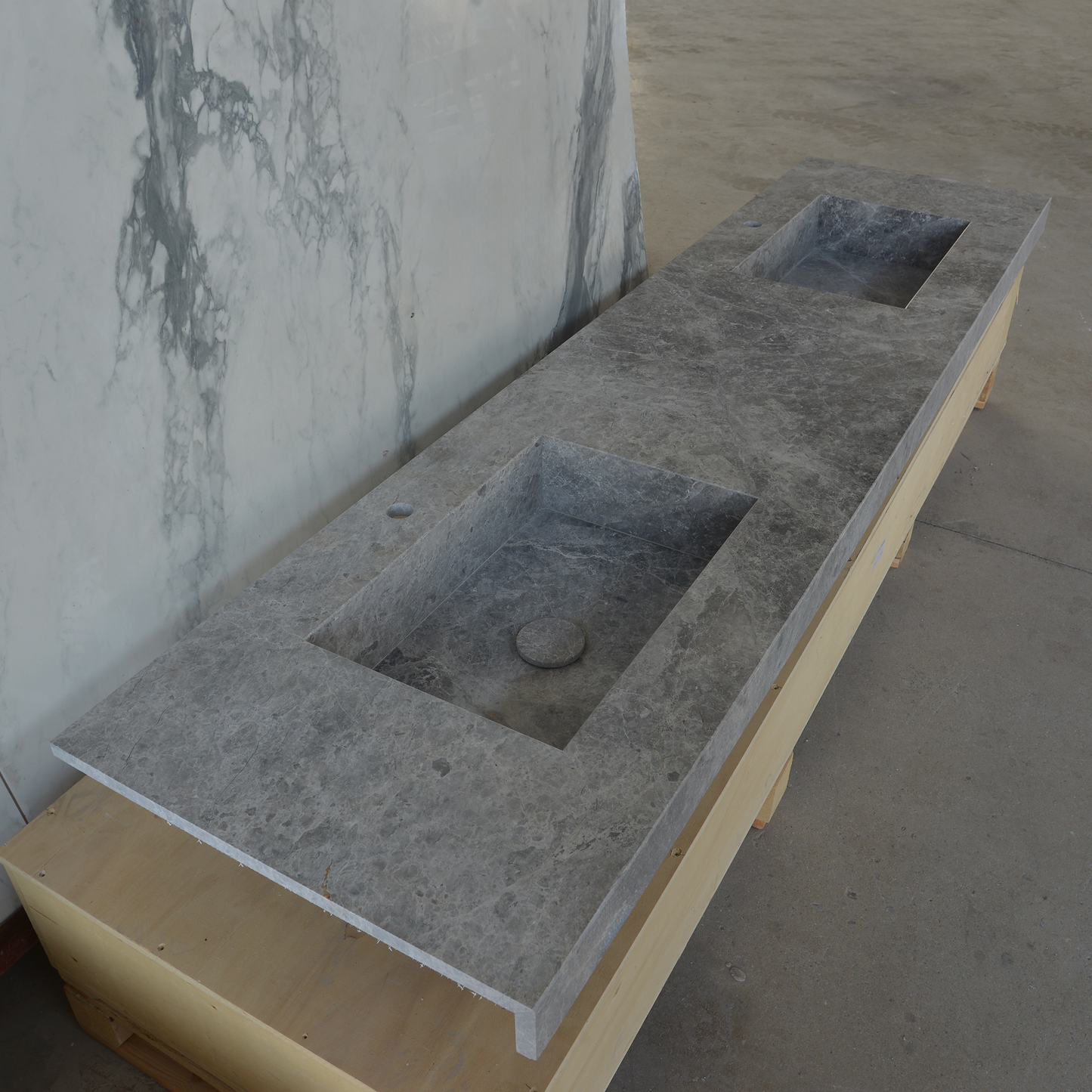 Handcrafted Tundra Grey Marble Double Sink Custom Luxury Spa Master Bathroom Vanity