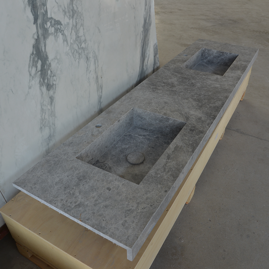 Handcrafted Tundra Grey Marble Double Sink Custom Luxury Spa Master Bathroom Vanity