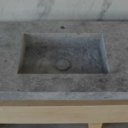 Handcrafted Tundra Grey Marble Double Sink Custom Luxury Spa Master Bathroom Vanity