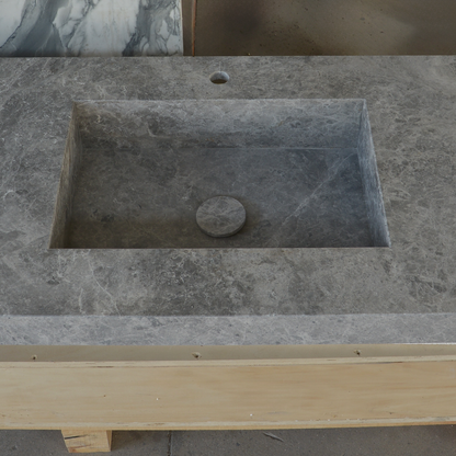 Handcrafted Tundra Grey Marble Double Sink Custom Luxury Spa Master Bathroom Vanity