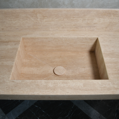 Beige Travertine Natural Stone Double Sink - Custom Handcrafted Bathroom Vanity Basin