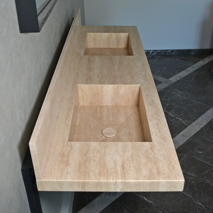 Beige Travertine Natural Stone Double Sink - Custom Handcrafted Bathroom Vanity Basin