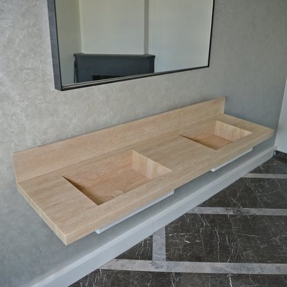 Beige Travertine Natural Stone Double Sink - Custom Handcrafted Bathroom Vanity Basin