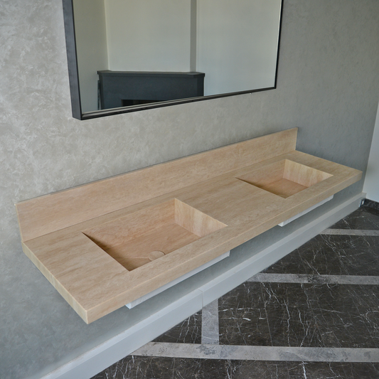 Beige Travertine Natural Stone Double Sink - Custom Handcrafted Bathroom Vanity Basin