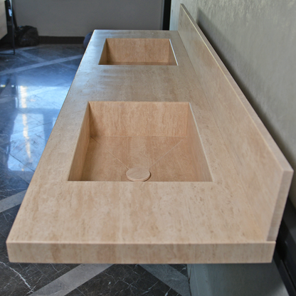 Beige Travertine Natural Stone Double Sink - Custom Handcrafted Bathroom Vanity Basin