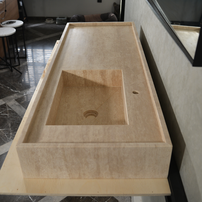 Handcrafted Travertine Bathroom Vanity Sink - Custom Natural Stone Luxury Design