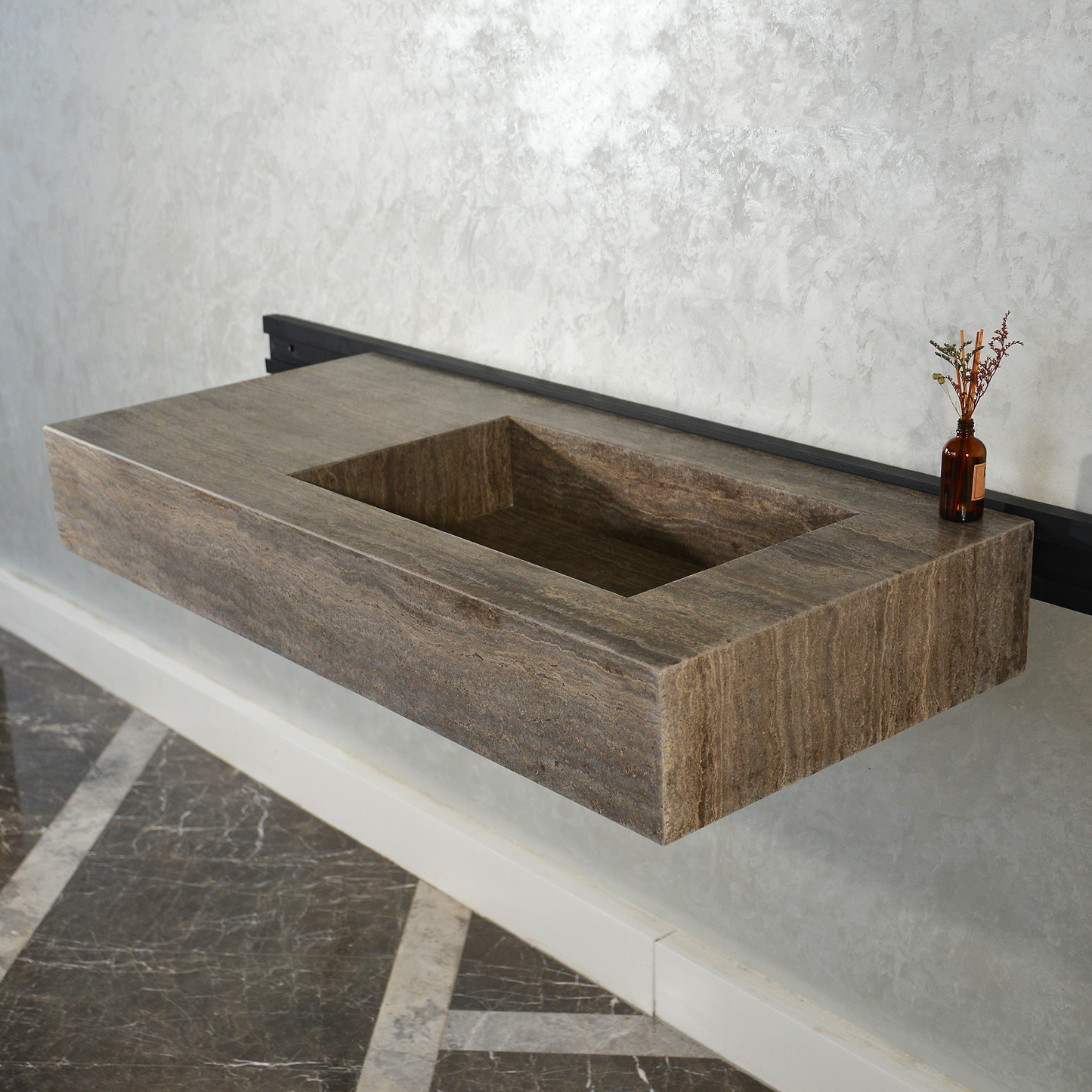 Silver Travertine Natural Stone Handcrafted Bathroom Vanity Sink with Unique Veins