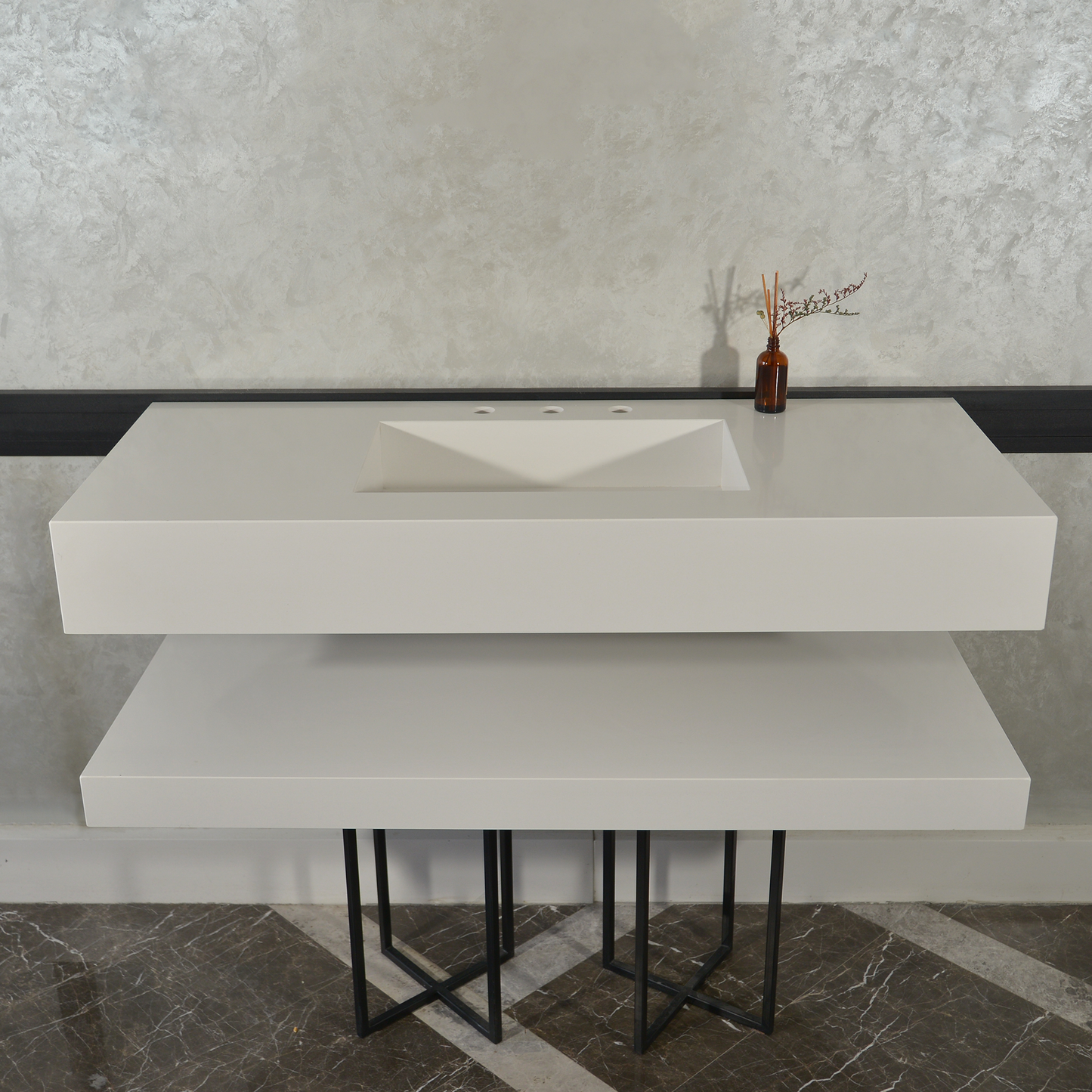Handcrafted White Polished Engineered Quartz Sink With Shelf