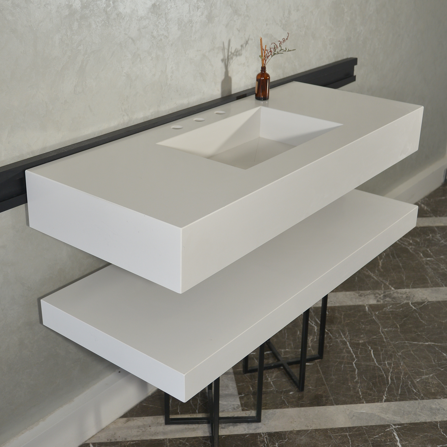 Handcrafted White Polished Engineered Quartz Sink With Shelf