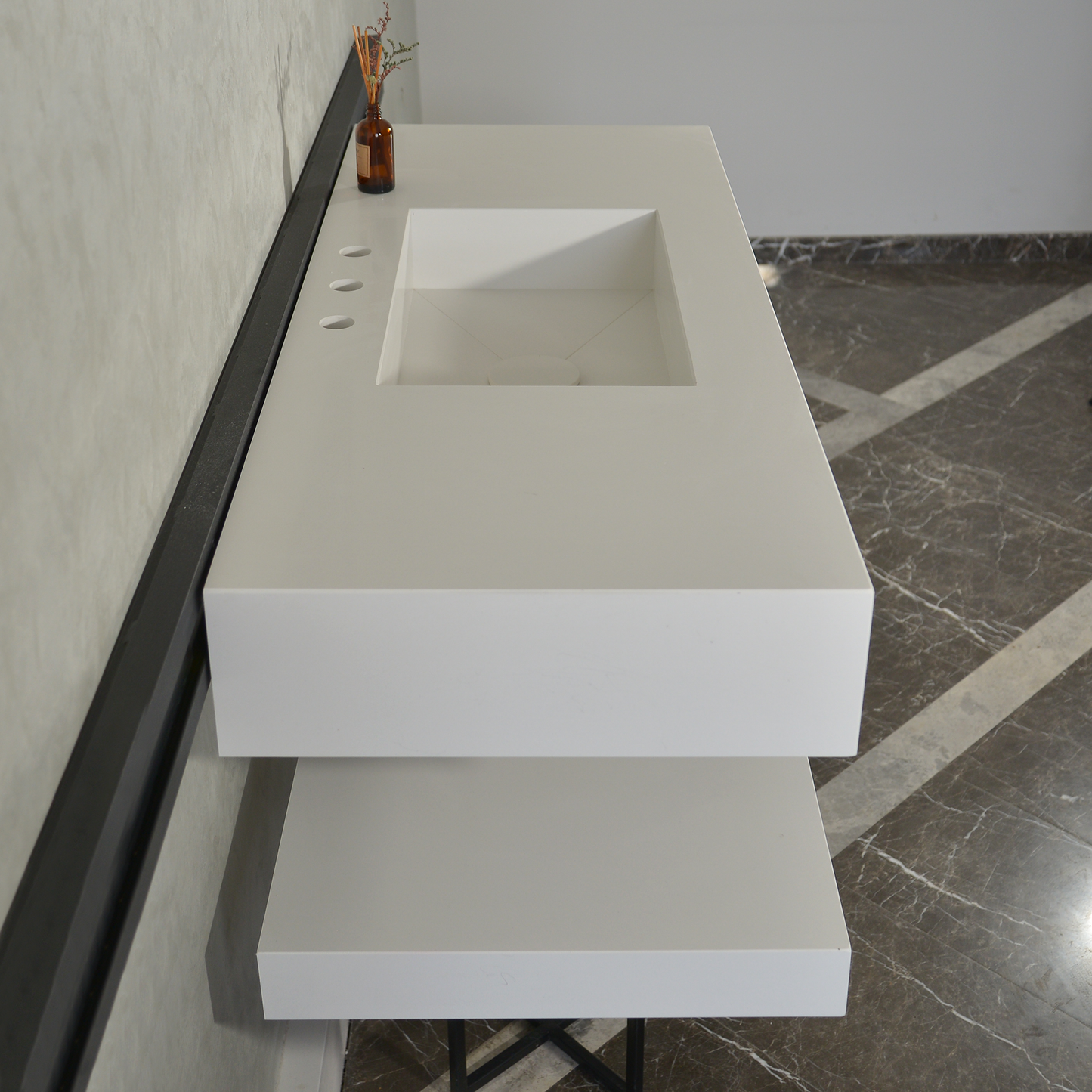 Handcrafted White Polished Engineered Quartz Sink With Shelf