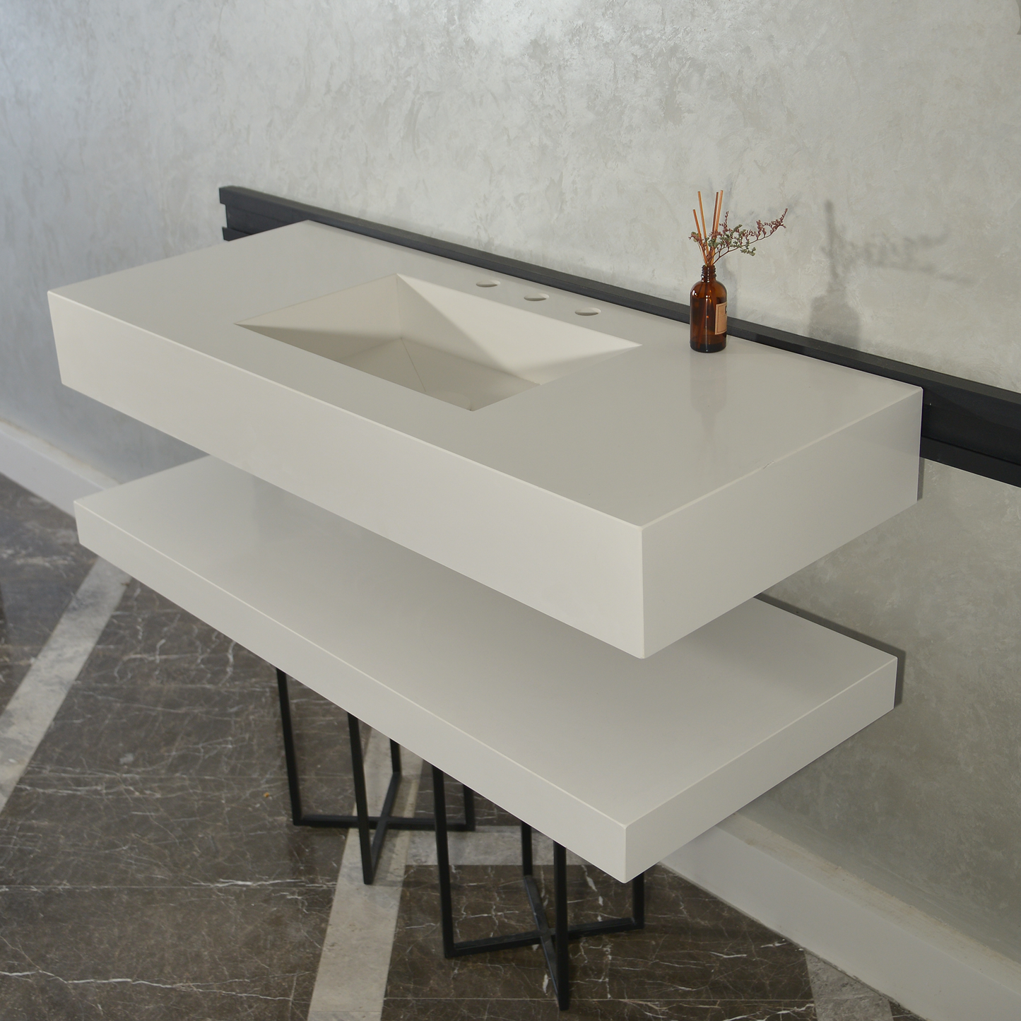 Handcrafted White Polished Engineered Quartz Sink With Shelf