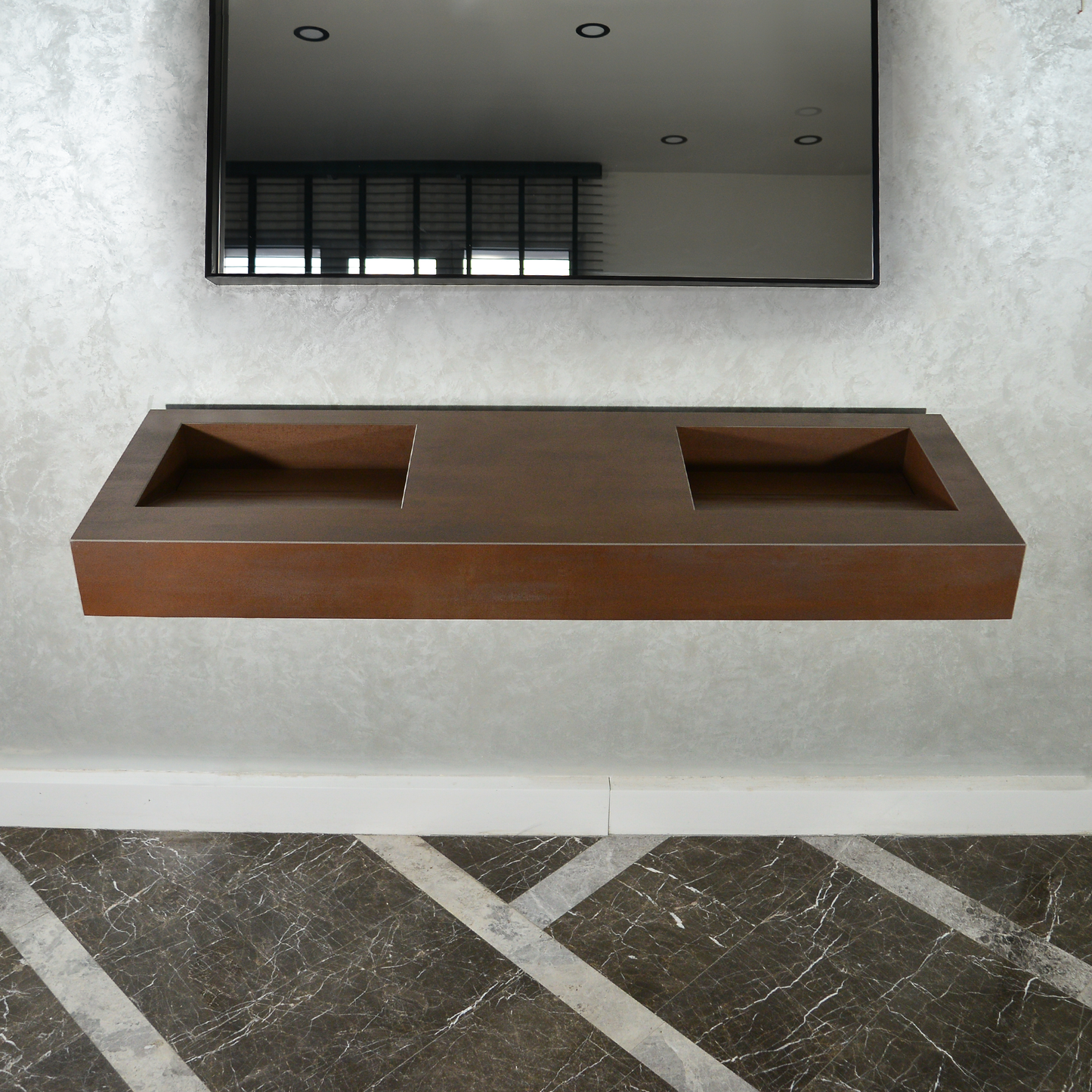 Premium Metal Corten Engineered Porcelain Double Basin Sink 58.3x19.3 - Industrial
