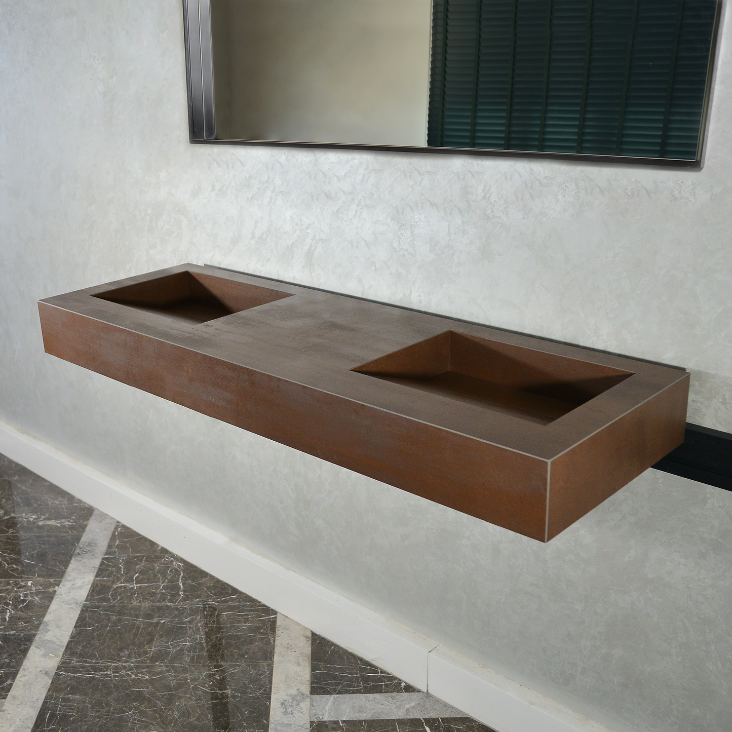 Premium Metal Corten Engineered Porcelain Double Basin Sink 58.3x19.3 - Industrial