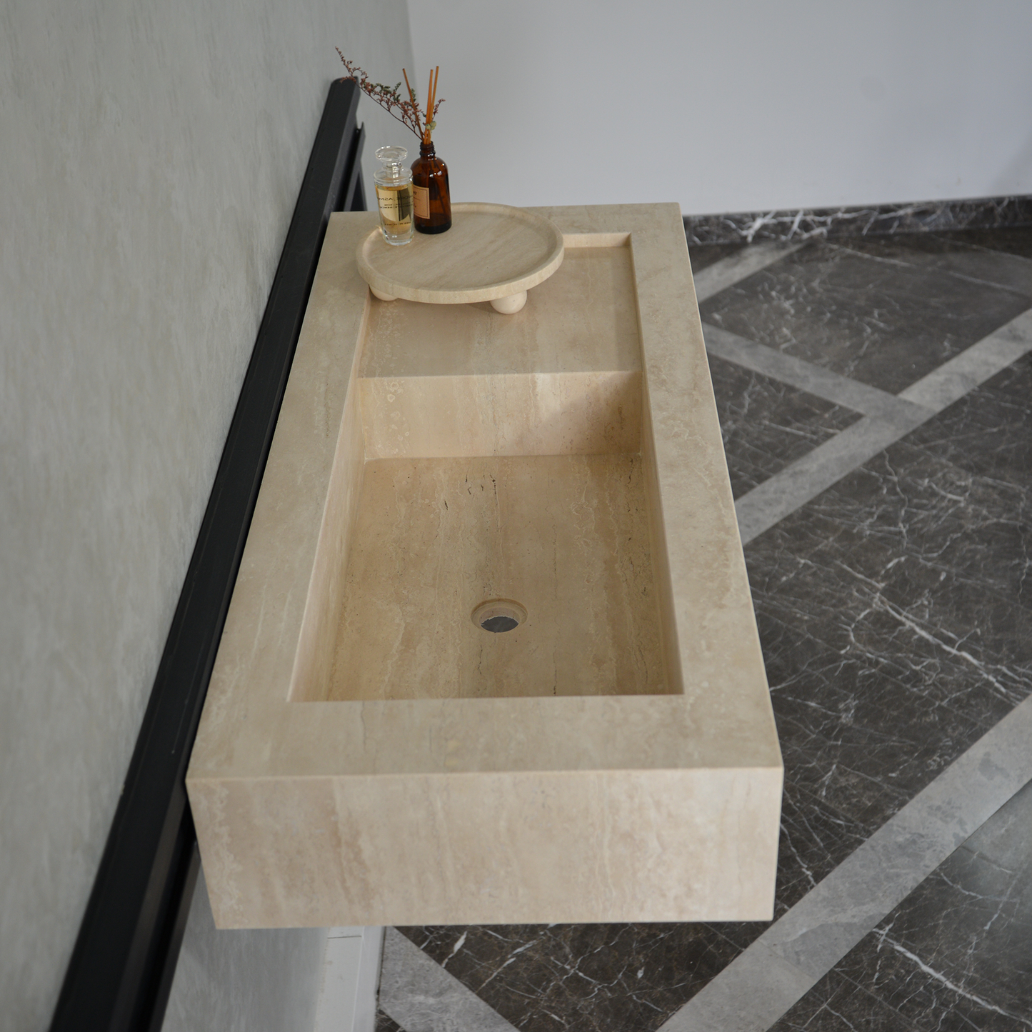 Handcrafted Travertine Bathroom Sink - Custom Vein Cut Natural Stone