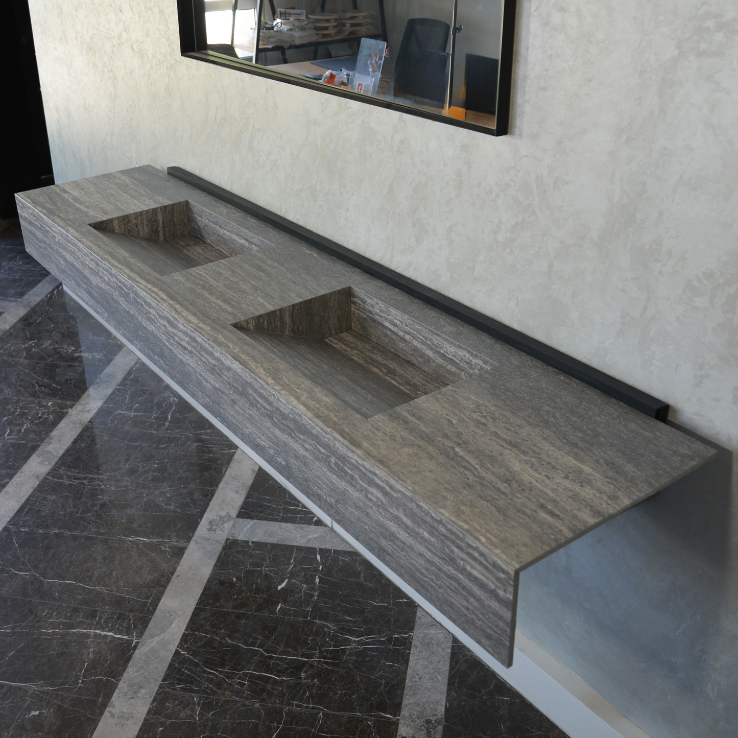 Engineered Stone Sink Handcrafted Infinity Travertino Grey Italian Artisan Spa Style