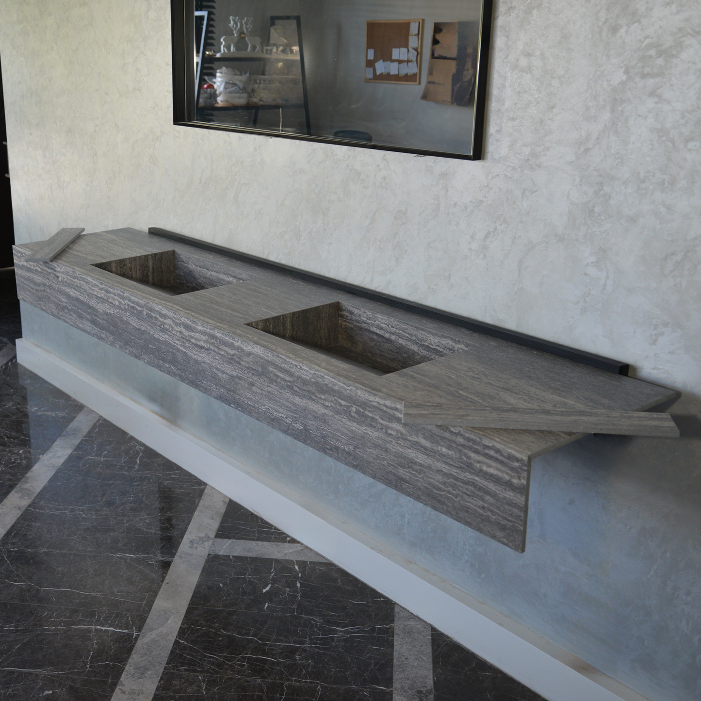 Engineered Stone Sink Handcrafted Infinity Travertino Grey Italian Artisan Spa Style