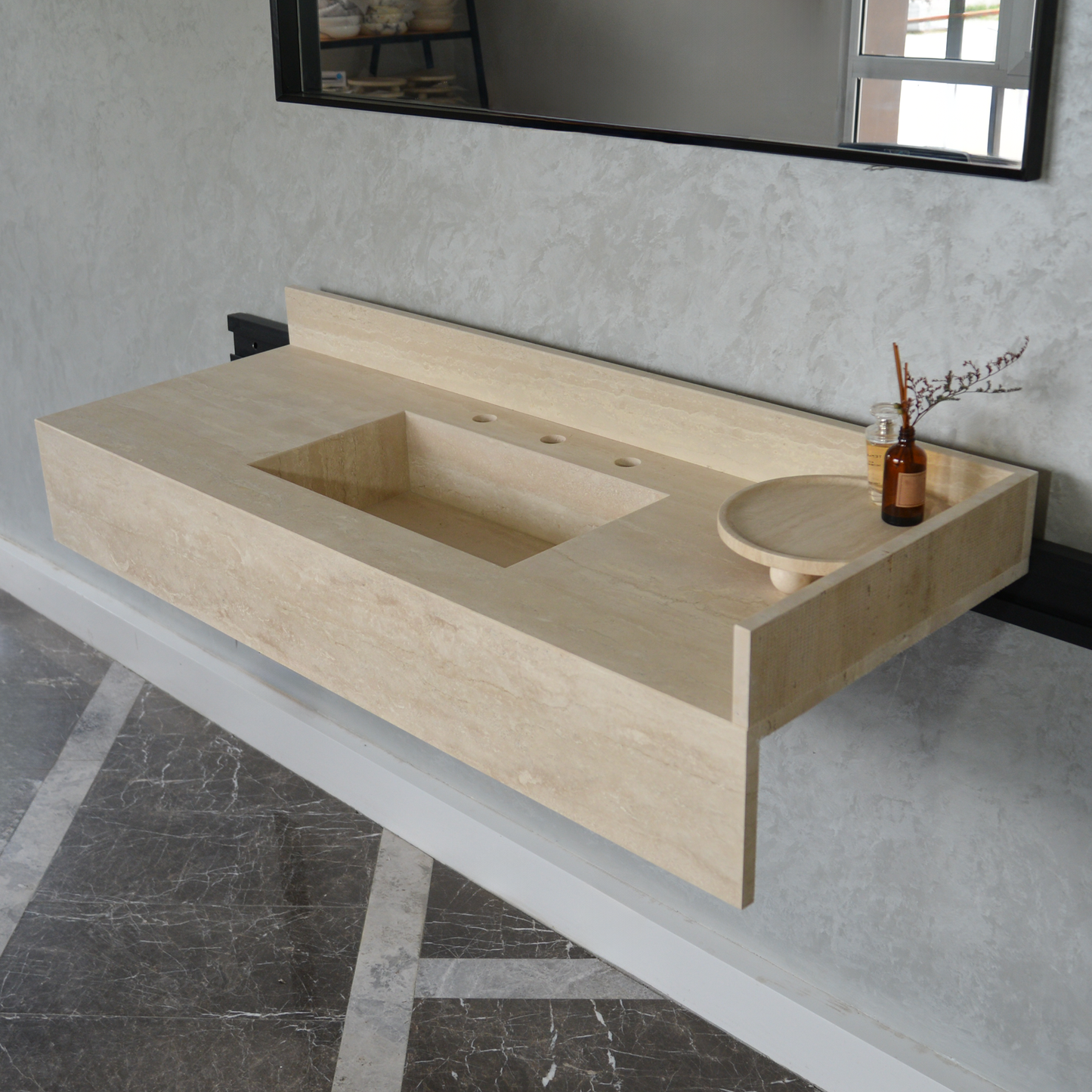 Travertine Bathroom Sink Handcrafted Custom Vein Cut Beige Artisan